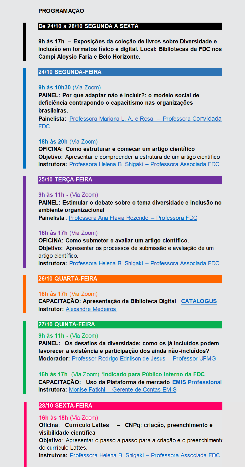Daily Programme Fdc Semana Nacional do Livro e da Biblioteca FDC – SNLB FDC – Bibliotecas FDC